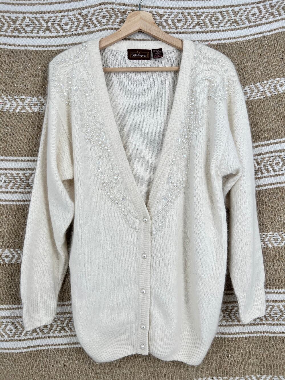 Vintage Worthington Silk Angora Cardigan M Cream Faux Pearl Beaded Embellished